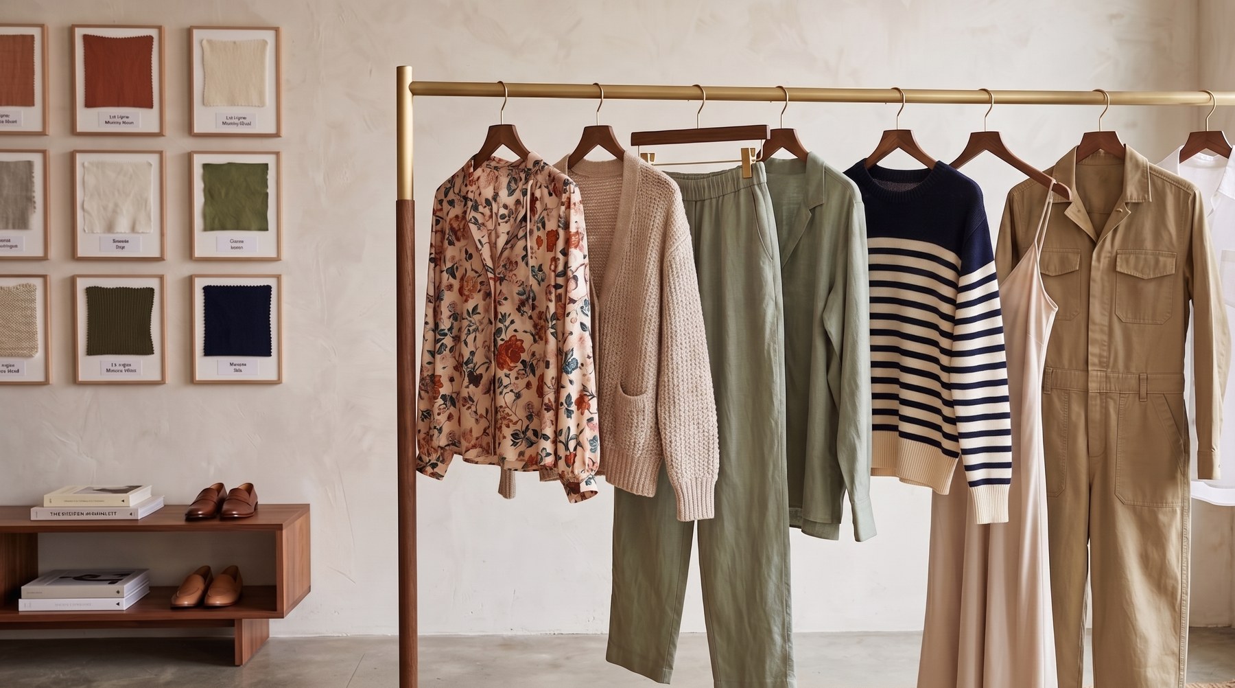 A curated wardrobe rack with fabric swatches on the wall
